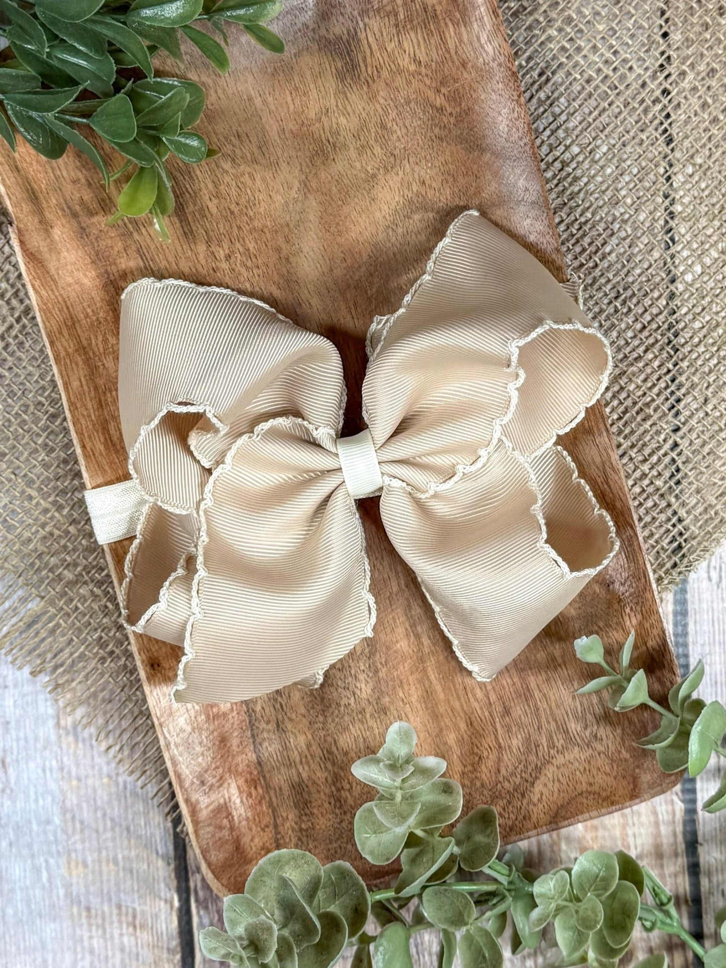 Oatmeal with Ivory Moonstitch Bow Headband