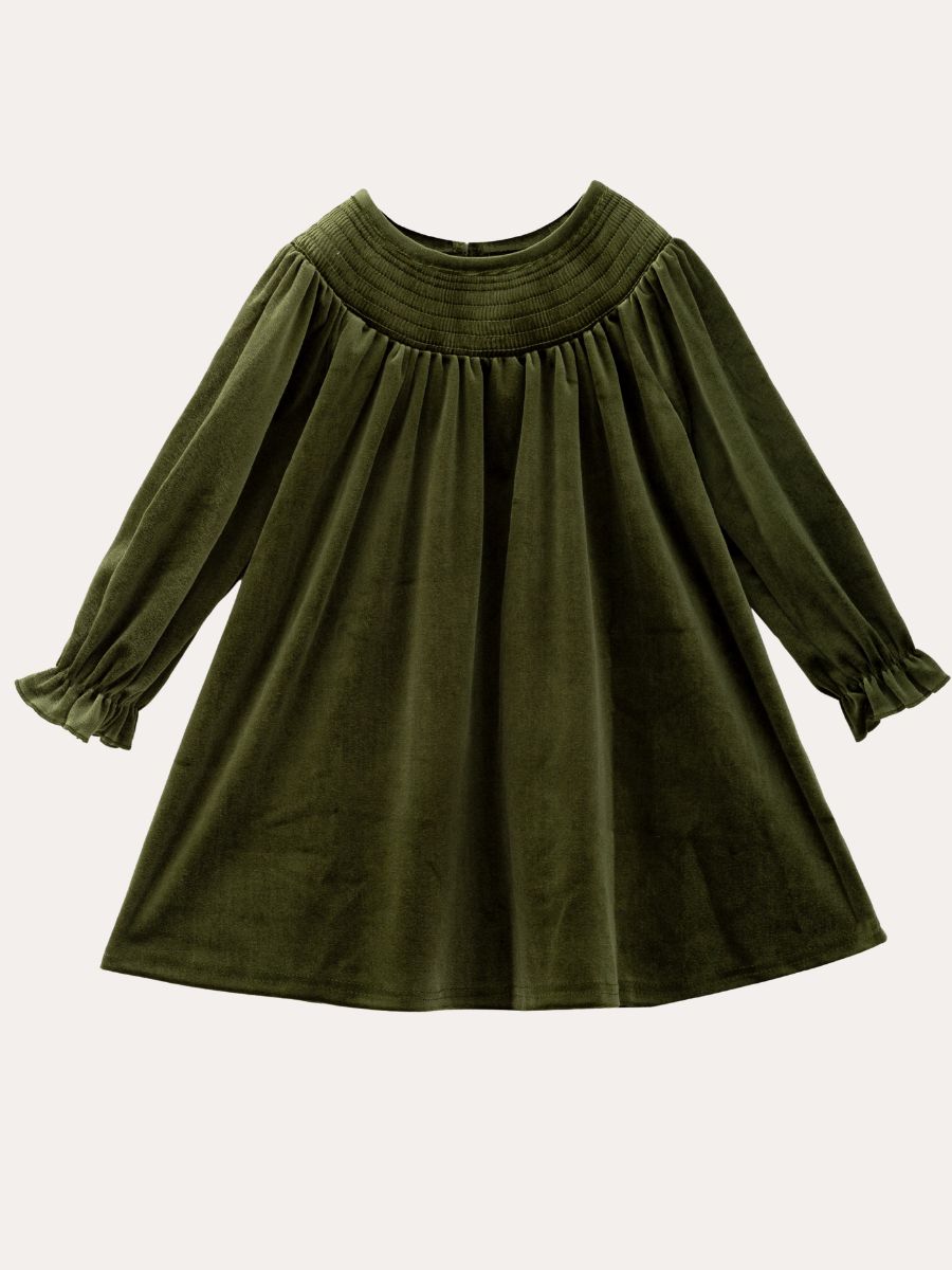 Olive green velvet girls dress with smocked yoke, long puff sleeves, and twirl skirt — The Hair Bow Company