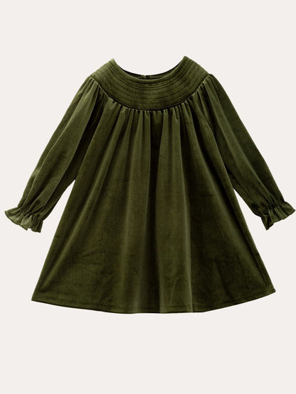 Olive green velvet girls dress with smocked yoke, long puff sleeves, and twirl skirt — The Hair Bow Company