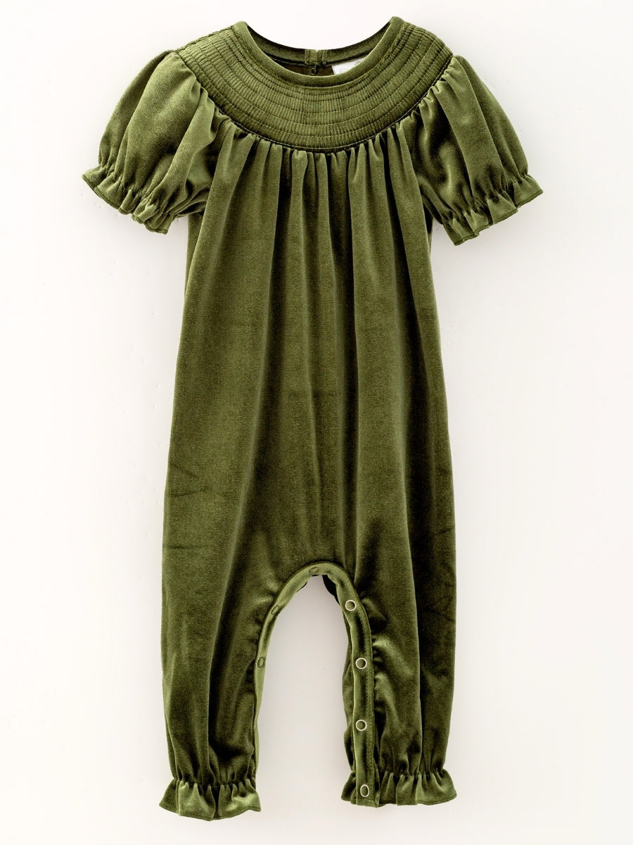 Olive green velvet baby girl romper with smocked yoke and ruffle puff sleeves — The Hair Bow Company holiday outfit