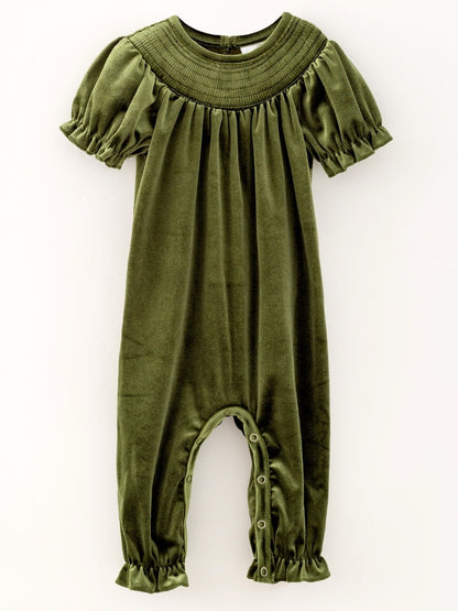 Olive green velvet baby girl romper with smocked yoke and ruffle puff sleeves — The Hair Bow Company holiday outfit