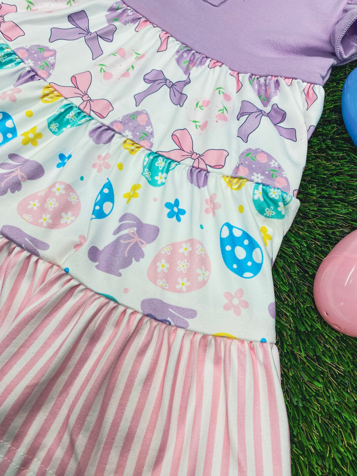 Fabric details and print for Pastel Bunnies Tiered Twirl Dress