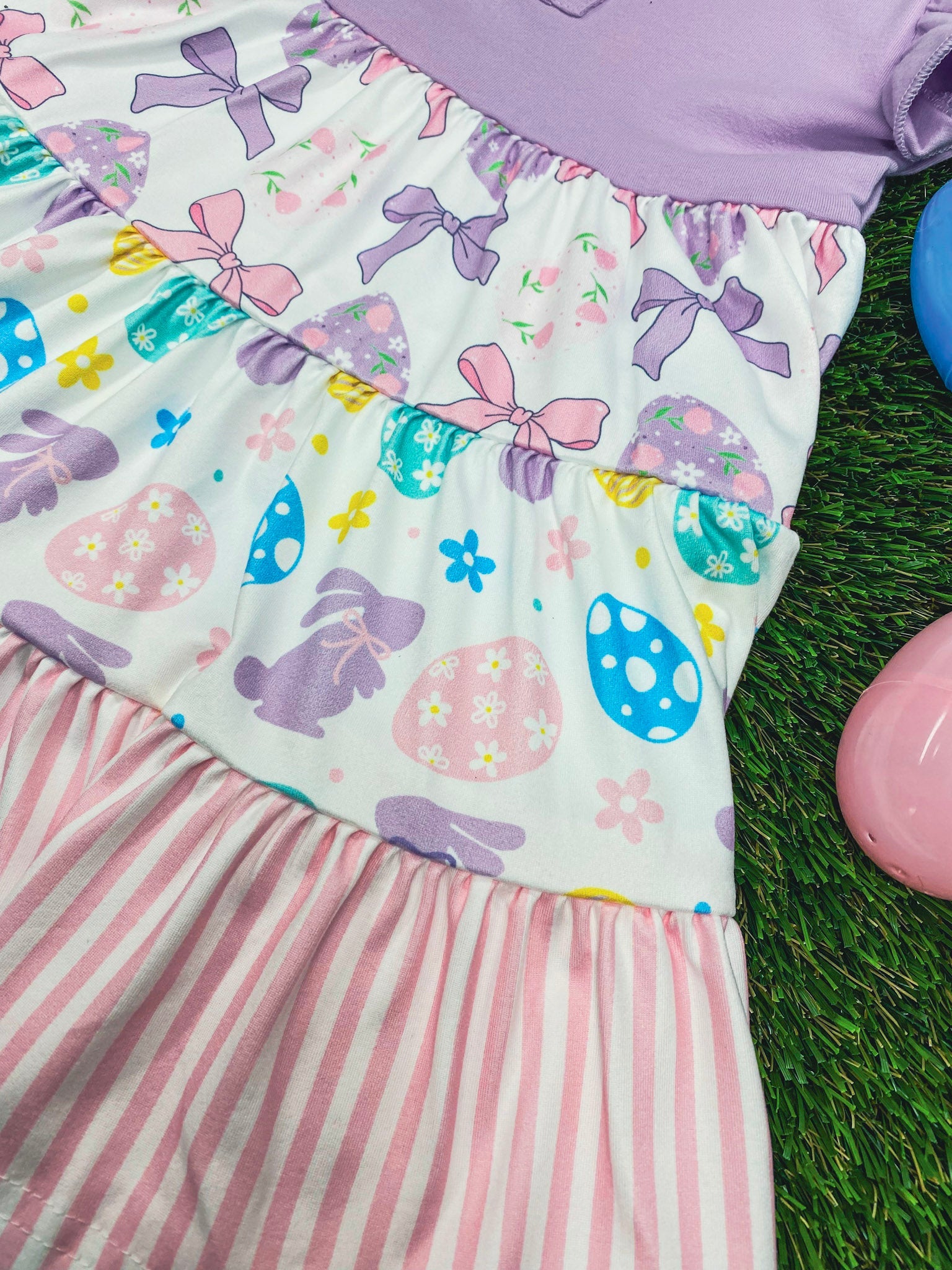 Fabric details and print for Pastel Bunnies Tiered Twirl Dress