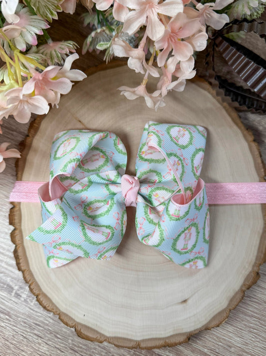 Pastel nutcracker printed double layer bow on satin headband