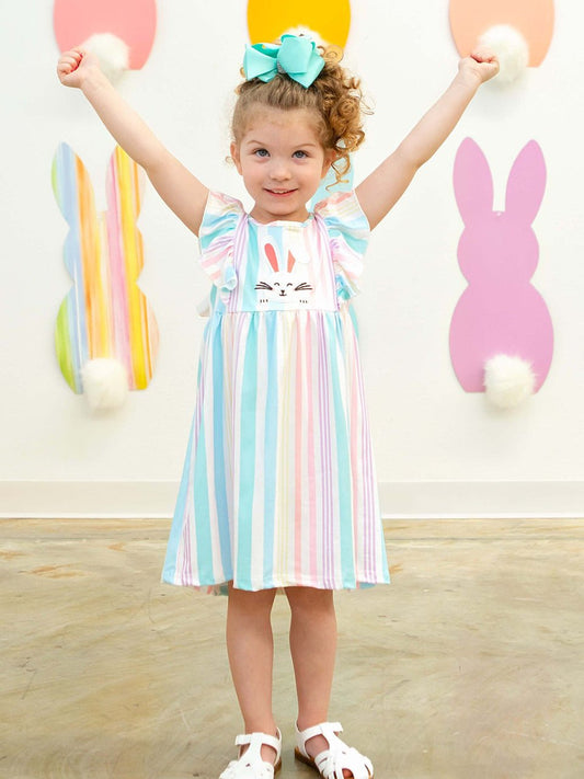 Striped Pastel Bunny Graphic Dress With Flutter Sleeves on Model - Alternative view