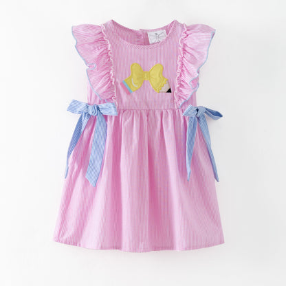 Pink striped dress with a bow on a white background