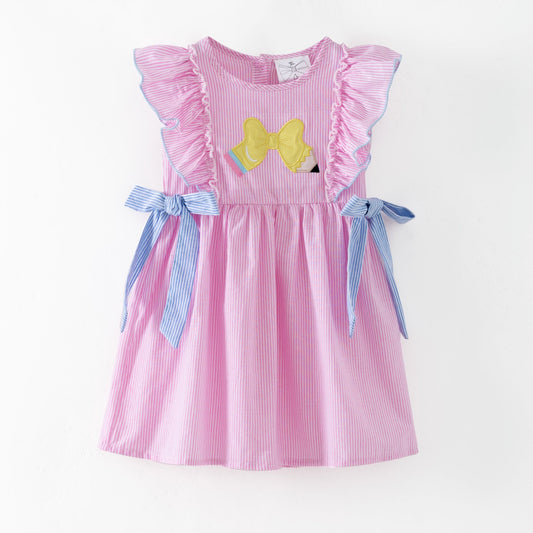 Pink striped dress with a bow on a white background