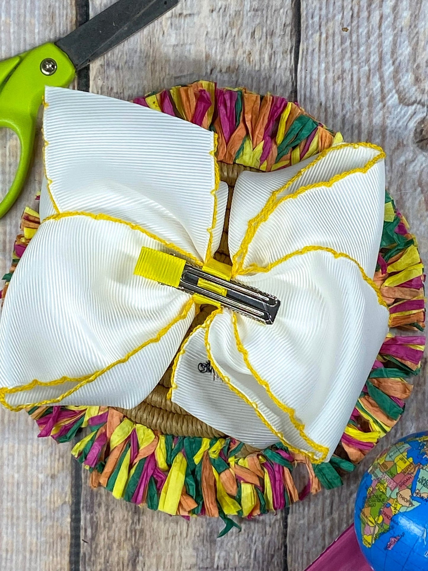 Back of Pencil Embroidered Moonstitch Hair Bow showing alligator clip