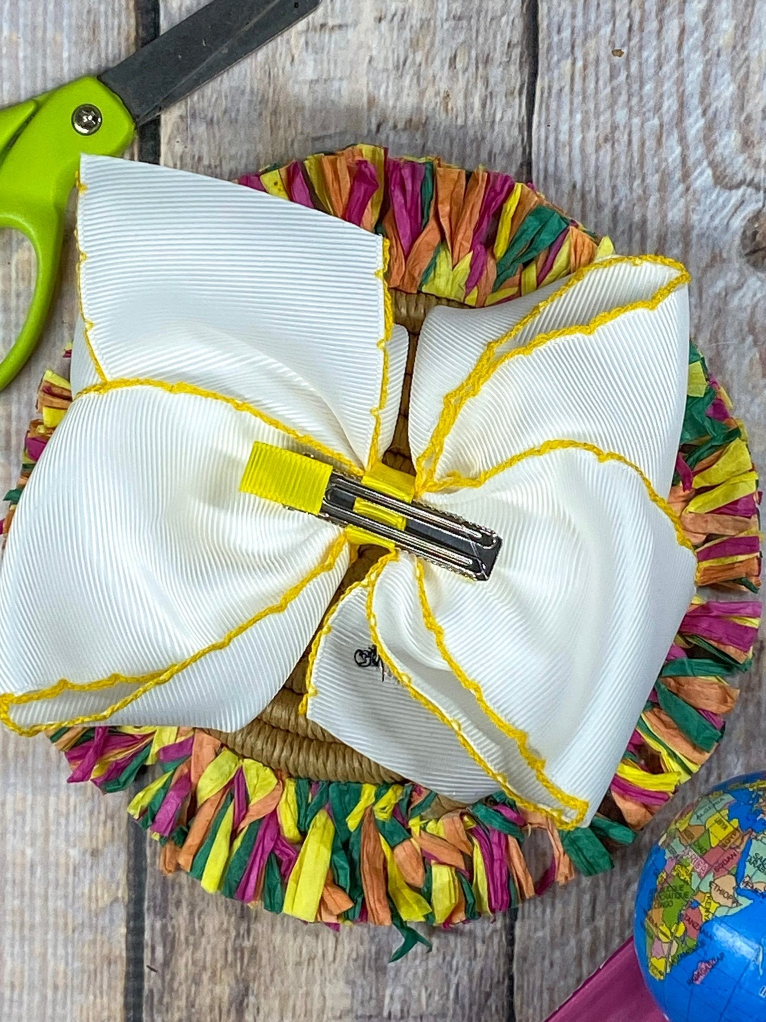 Back of Pencil Embroidered Moonstitch Hair Bow showing alligator clip