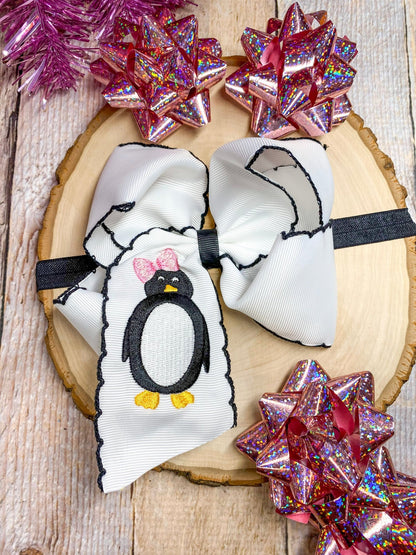 Penguin embroidered black moonstitch bow on satin headband