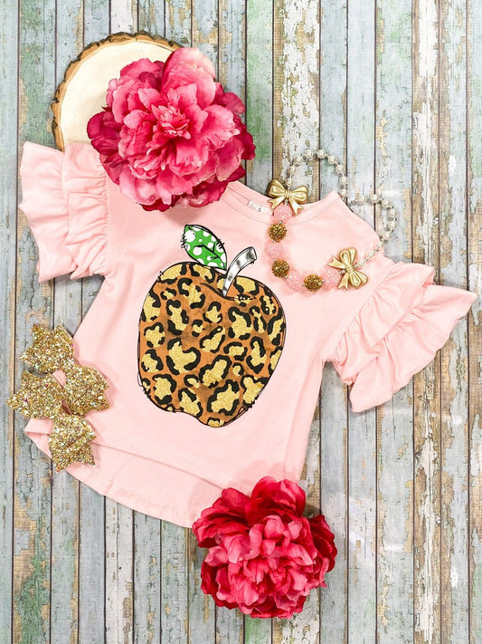 Pink Rufffle Sleeve Shirt With Cheetah Print Apple