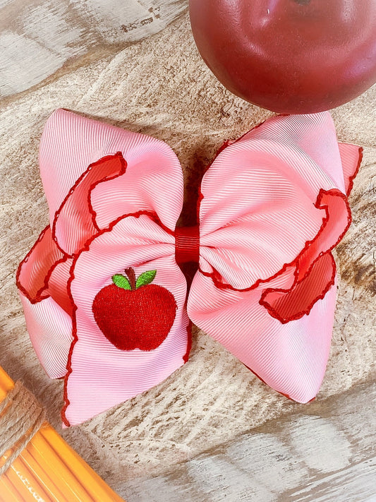 Pink Apple Embroidered Moonstitch Hair Bow - clip style