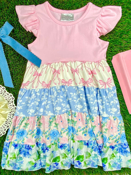 Pink Floral Tiered Twirl Dress for Girls by The hair bow company