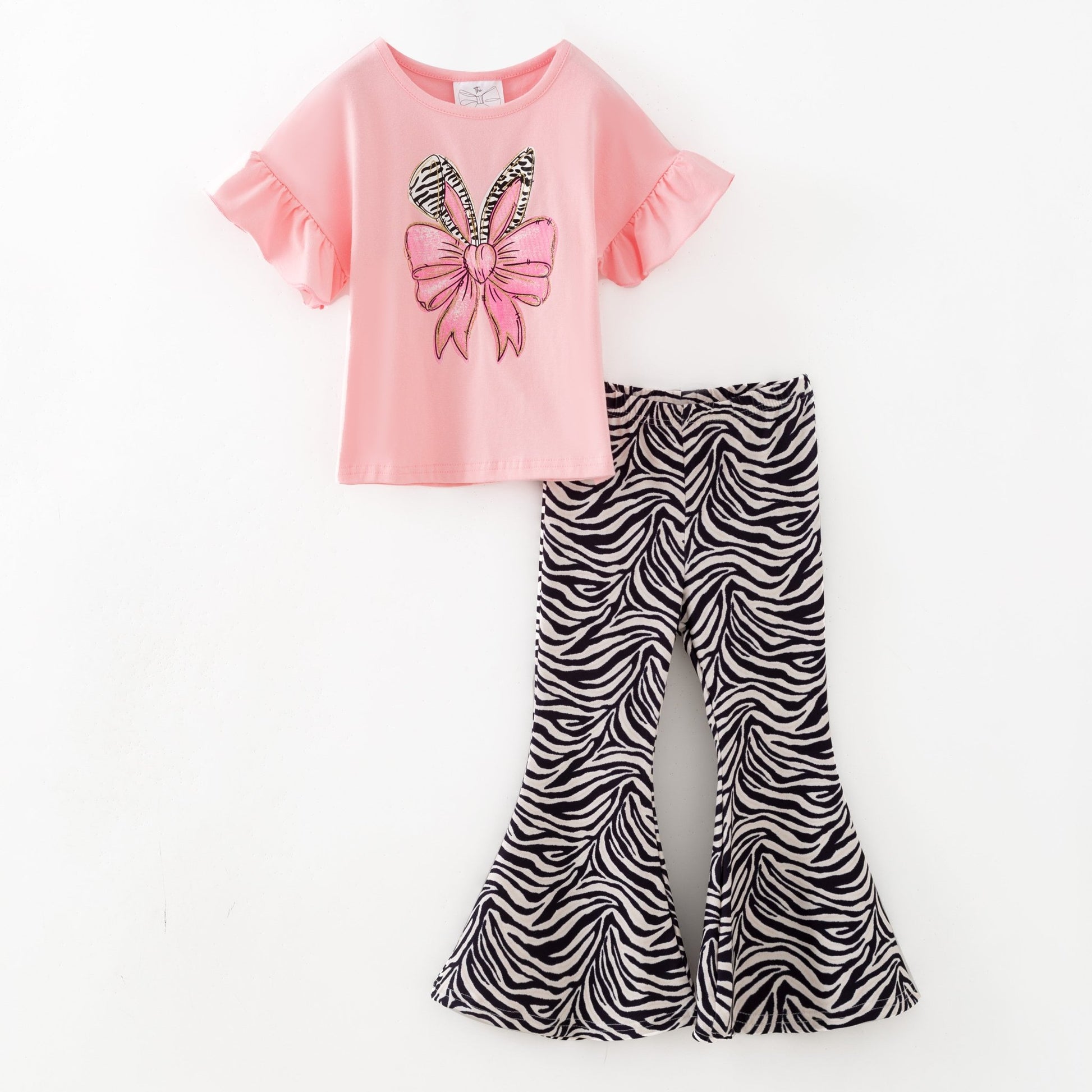 Girls pink bunny bow top with zebra print bell bottom pants