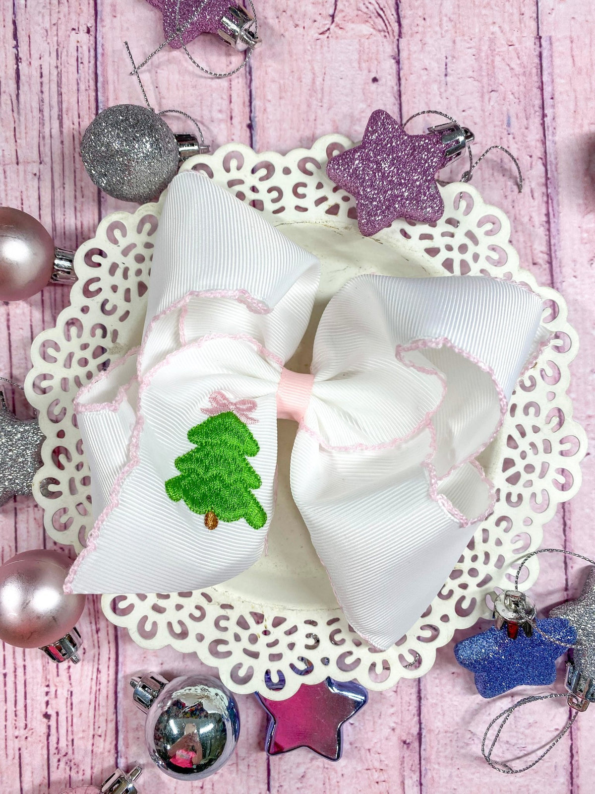Pink Christmas tree embroidered hair bow on alligator clip