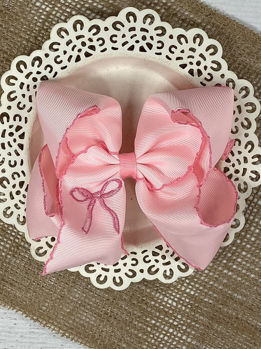 Pink coquette moonstitch hair bow on alligator clip