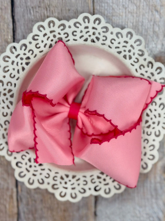 Pink Grosgrain Hair Bow with Hot Pink Moonstitch