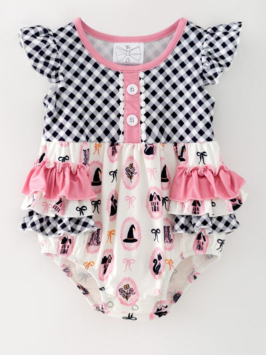baby girl Halloween one-piece with witch hat print and pink plaid ruffle tiers