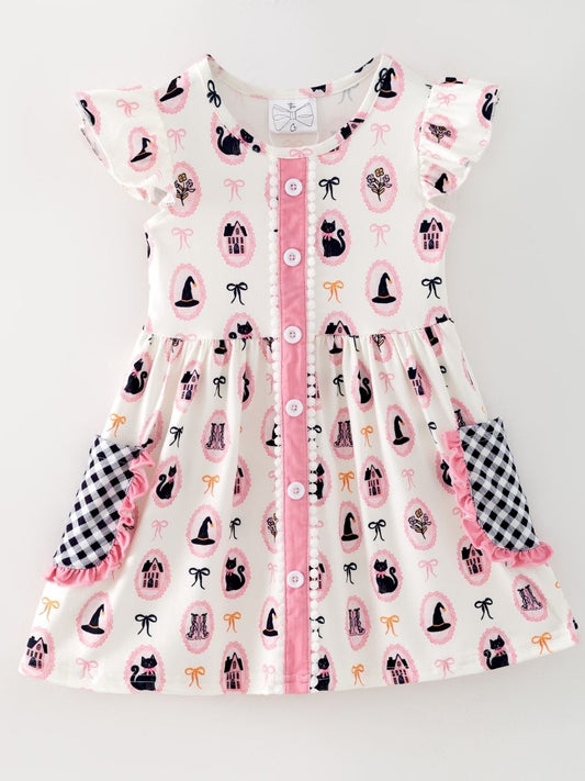 girls Halloween boutique dress with pink and black print and check ruffle pockets