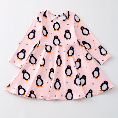 Pink penguin Christmas girls twirl dress
