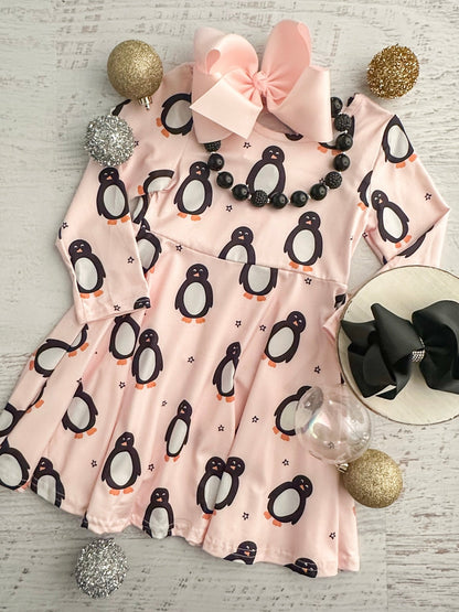 Pink penguin print girls Christmas twirl dress