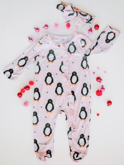 Baby girl pink penguin print Christmas onesie