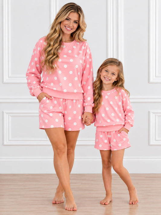 Matching pink polka dot lounge sets for mom and daughter