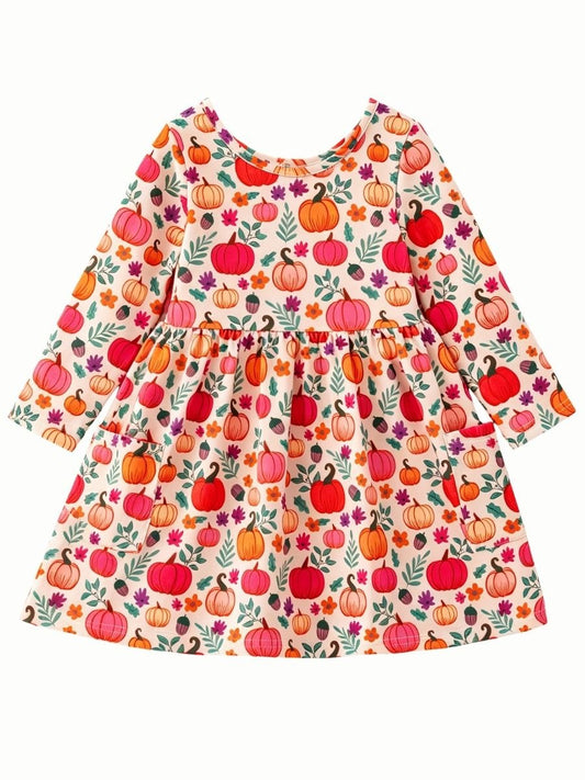 Pink pumpkin fall girls dress with orange and red pumpkins and front pockets - Alternative view