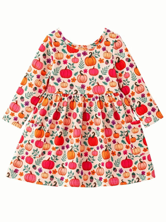 Pink pumpkin fall girls dress with orange and red pumpkins and front pockets - Alternative view