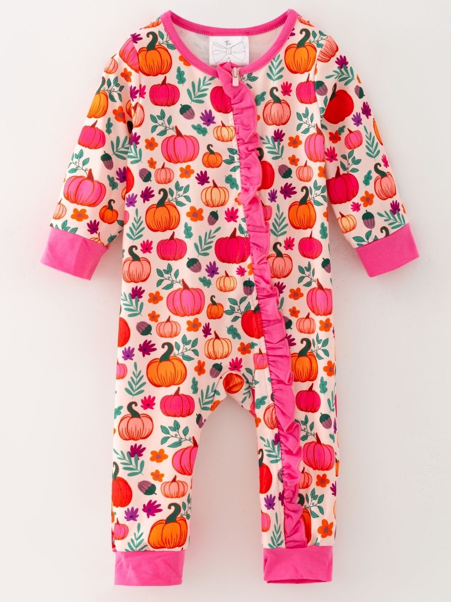 Pink pumpkin fall baby romper with colorful pumpkins and pink ruffle trim