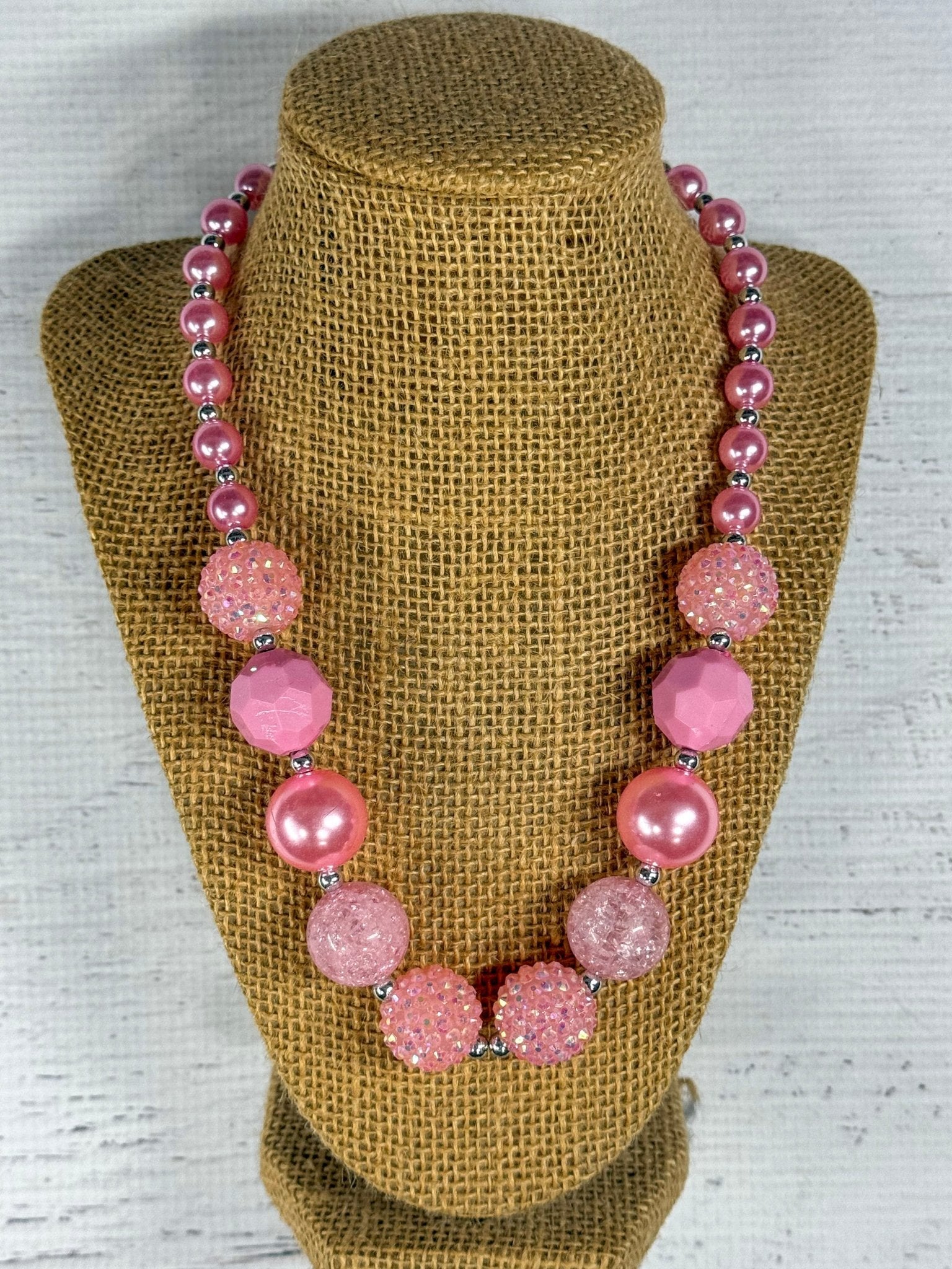 Pink Rhinestone Multi-size Chunky Bead Necklace