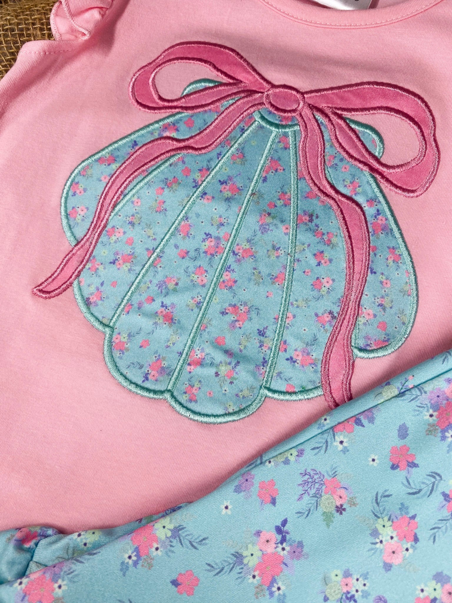 Girls sea shell outfit with pink top and blue shorts 