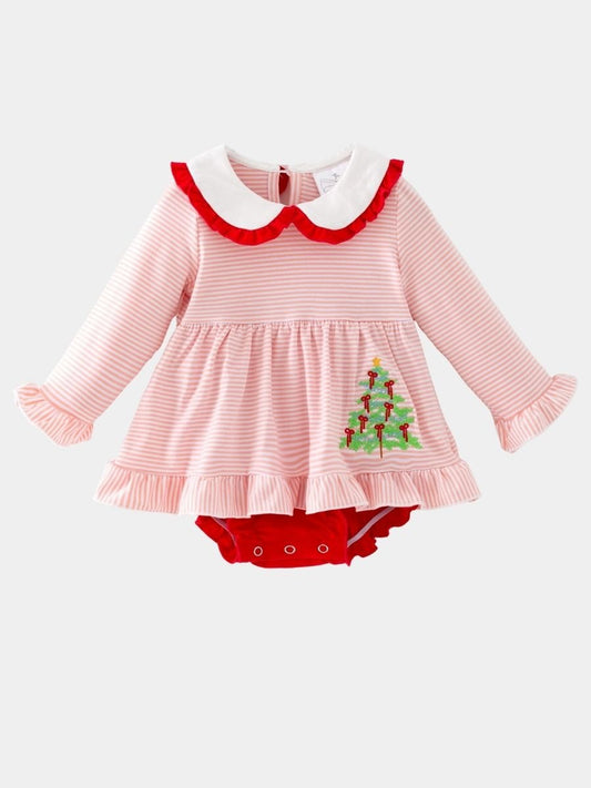 Pink stripe infant bubble romper with embroidered Christmas tree and Peter Pan collar