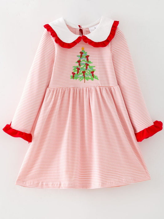 Pink stripe girls Christmas dress with embroidered Christmas tree and ruffle collar