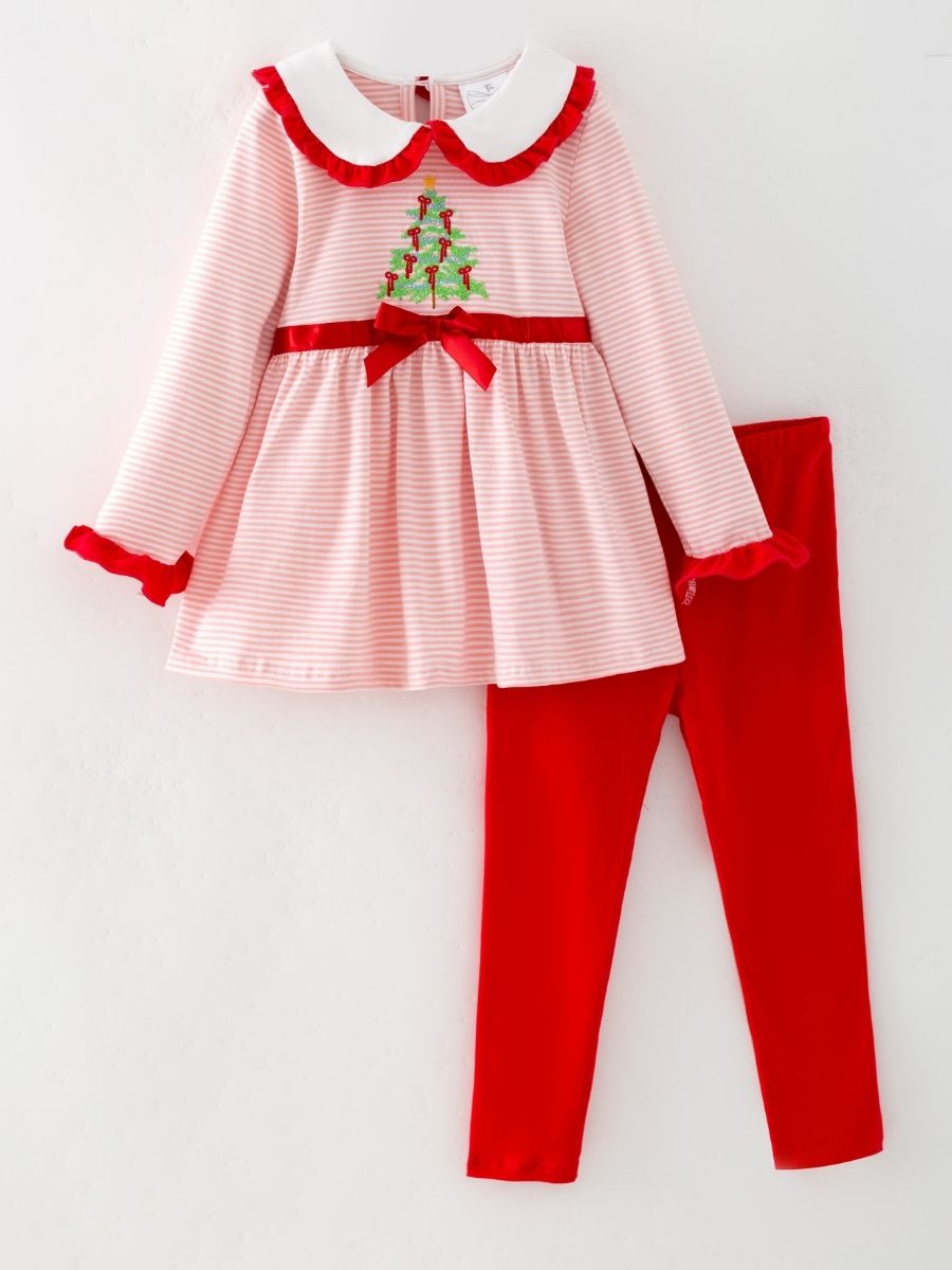 Pink stripe girls Christmas tunic set with embroidered tree and red leggings