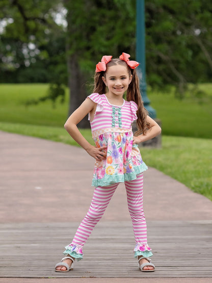 model wearing Pink Stripes & Flowers Ruffled Leggings Set