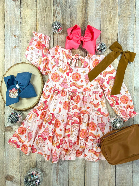 Girls Christmas dress with pink Santa pattern and tiered skirt