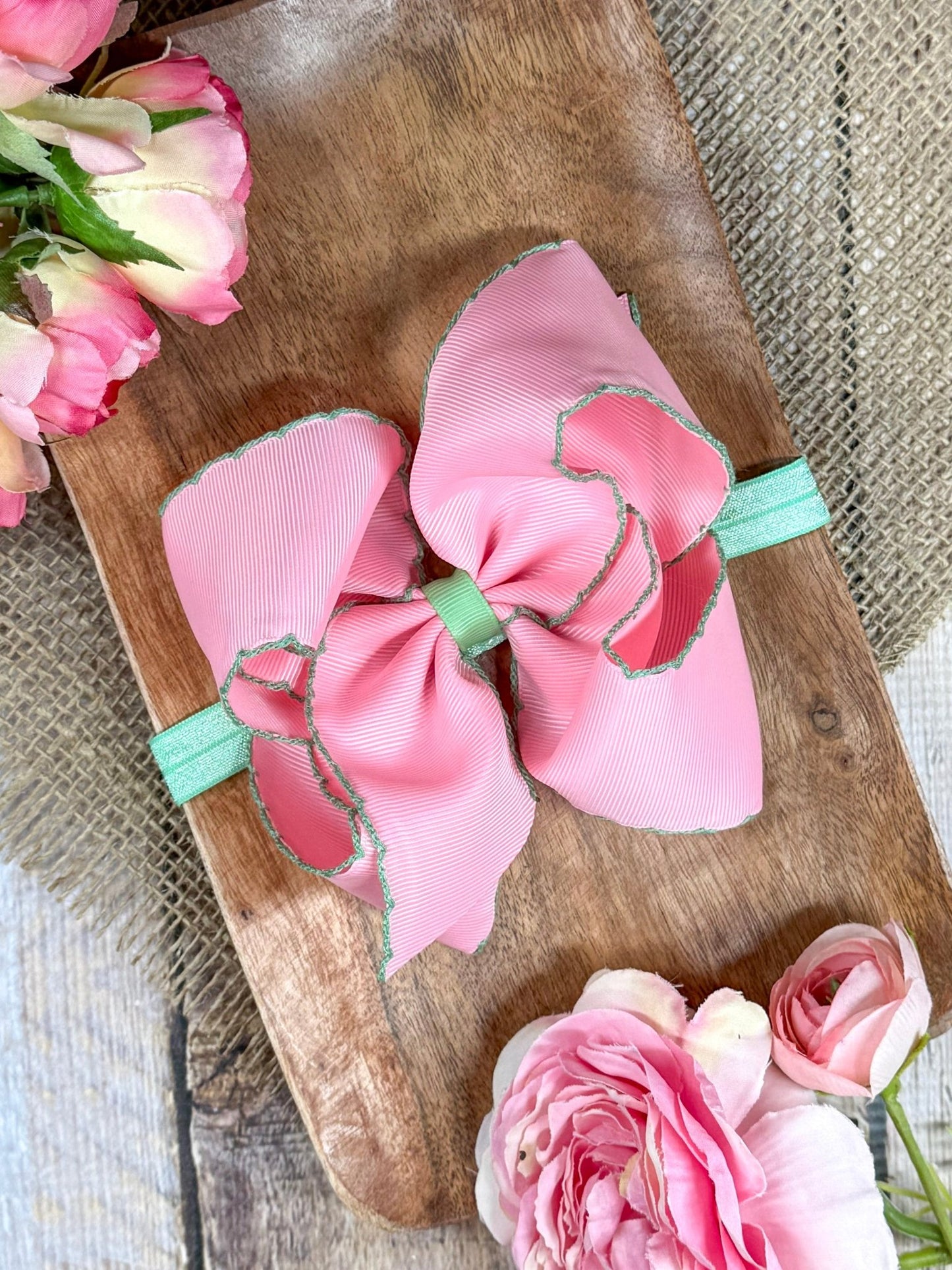Pink with Green Moonstitch Bow Headband
