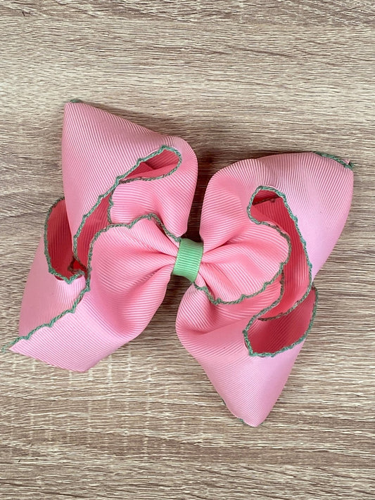 Pink with Green Moonstitch Hair Bow - Alternative view