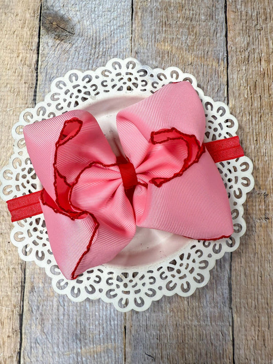 Pink with Red Moonstitch Bow Headband