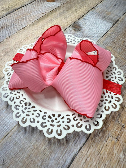 Pink with Red Moonstitch Bow Headband - Alternative view