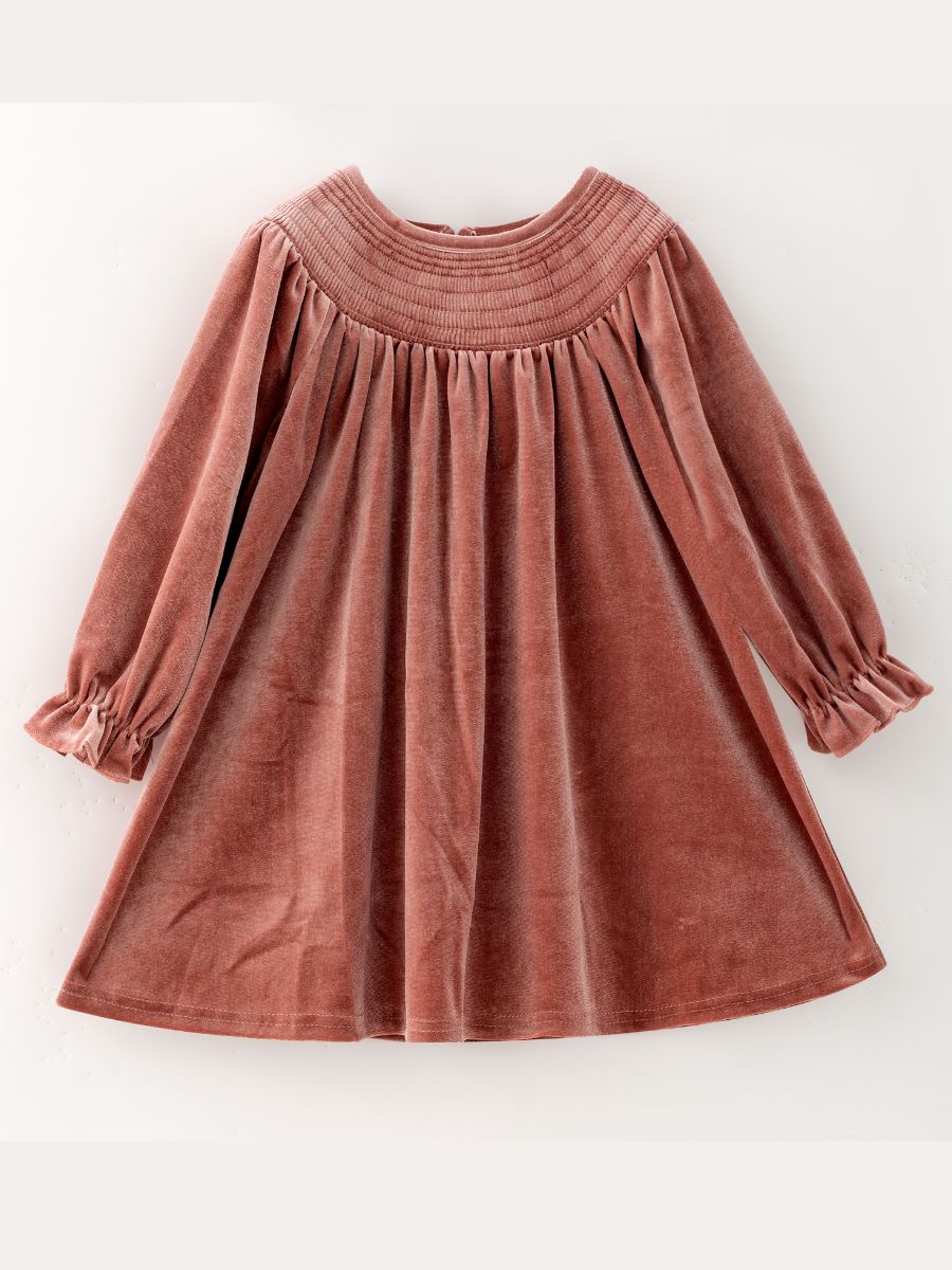 Dusty rose pink velvet girls dress with smocked yoke, long puff sleeves, and twirl skirt — The Hair Bow Company