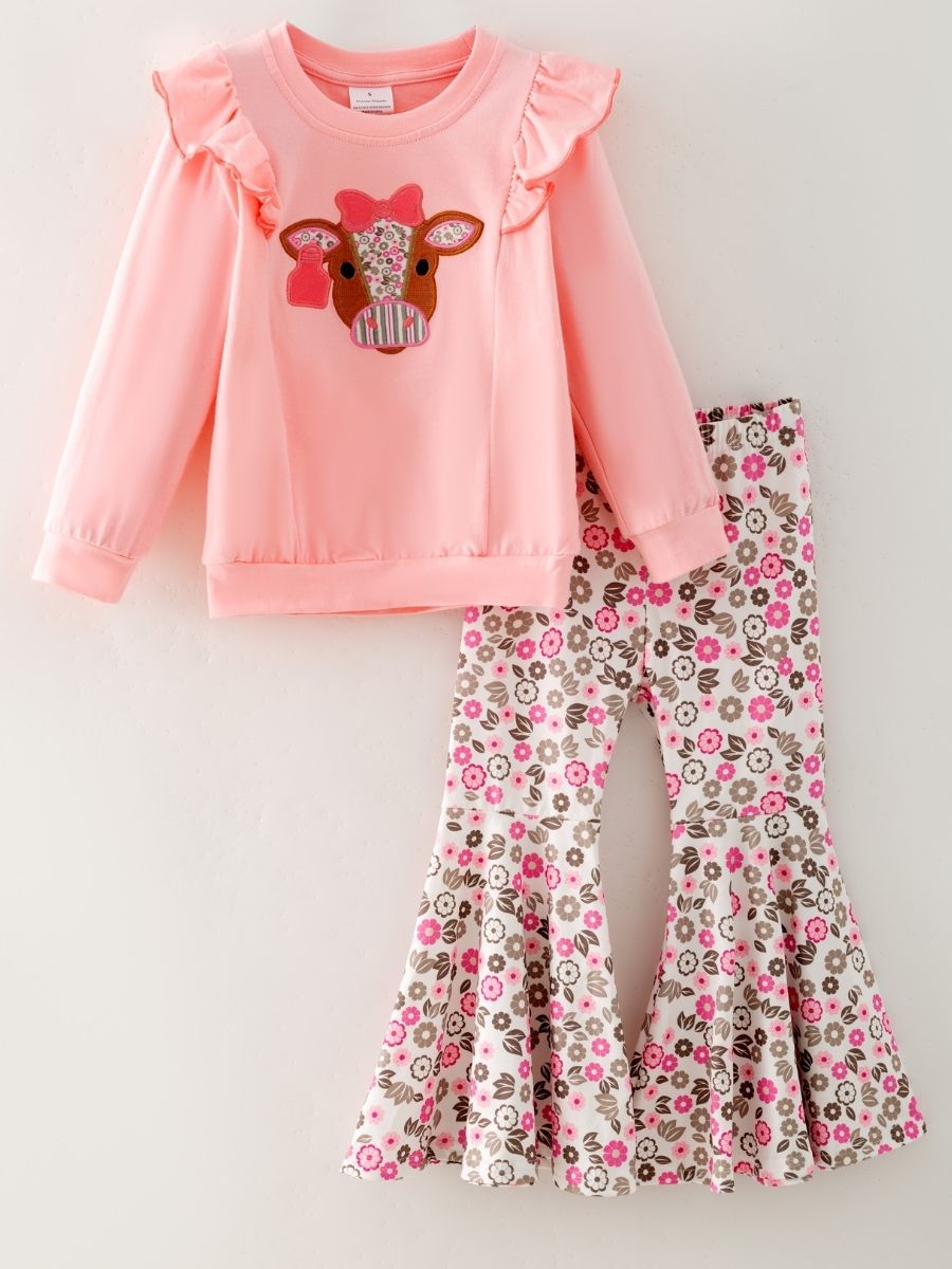 girls western two-piece with cow appliqué ruffle sweatshirt and pink floral bell bottoms