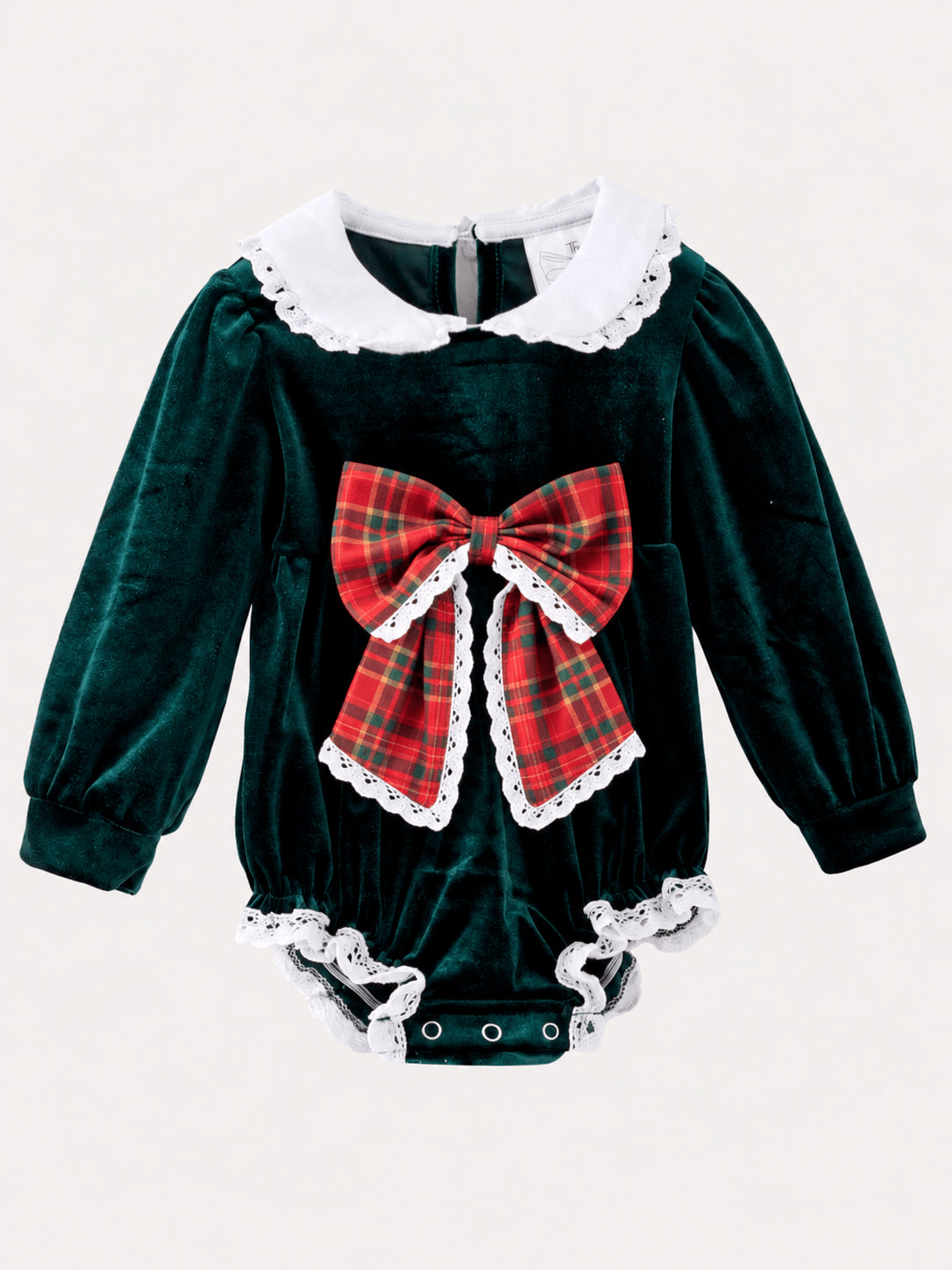 Baby girl green velvet Christmas romper with plaid bow and white lace trim