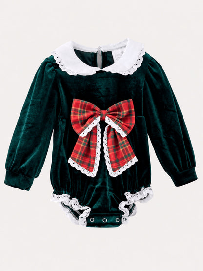 Baby girl green velvet Christmas romper with plaid bow and white lace trim