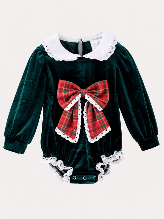 Baby girl green velvet Christmas romper with plaid bow and white lace trim