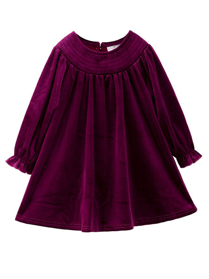Plum velvet girls dress with smocked yoke and long ruffle-cuff sleeves, a Christmas dress — The Hair Bow Company