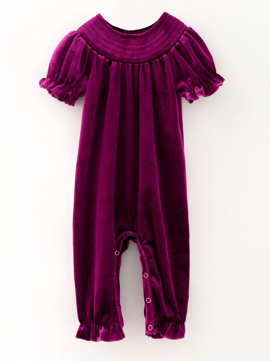 Plum velvet baby girl romper with smocked yoke and ruffle puff sleeves, a Christmas holiday one-piece — The Hair Bow Company