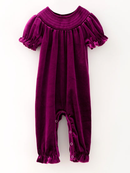 Plum velvet baby girl romper with smocked yoke and ruffle puff sleeves, a Christmas holiday one-piece — The Hair Bow Company