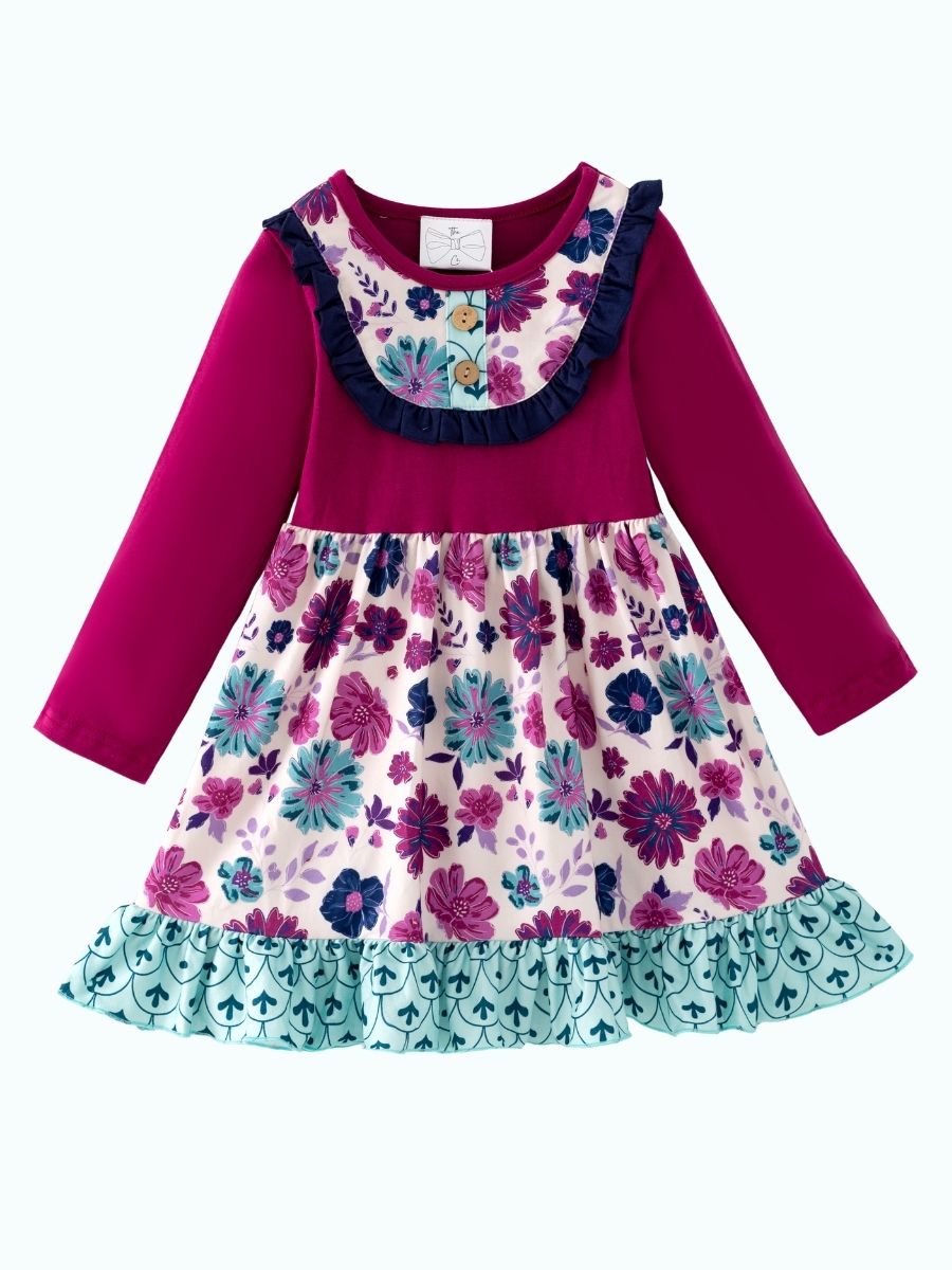 Girls floral twirl dress with plum bodice and ruffle hem, boutique long sleeve fall dress for toddlers and girls